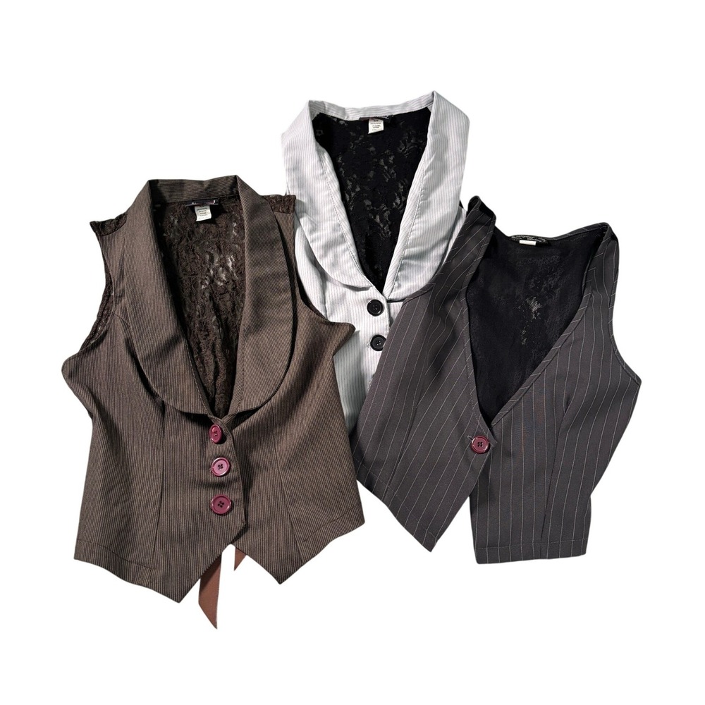 Y2K Digit@l Clothing Grey Pinstripe Lace Back Waistcoat Vest Lot of 3 Womens M